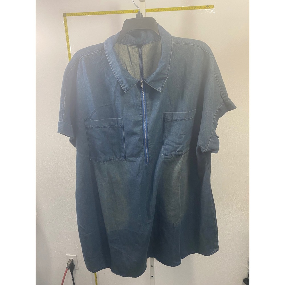 Shein Curve Denim Shirt Dress Womens 4XL Blue Half Zip Short Sleeve Mini Pockets